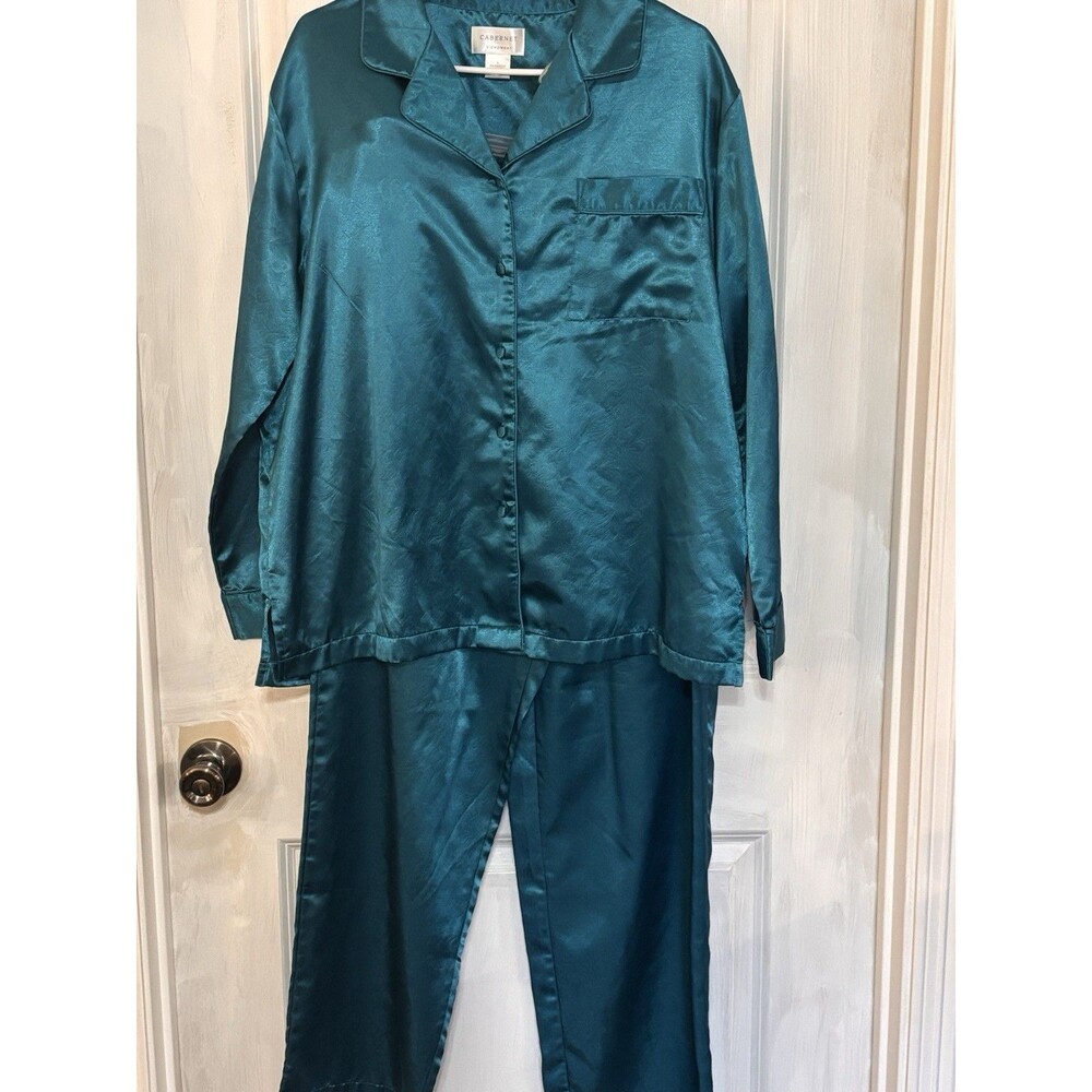 Cabernet Sleepwear Large Teal Long Sleeve Pajama Set Old Hollywood 2pc Silky